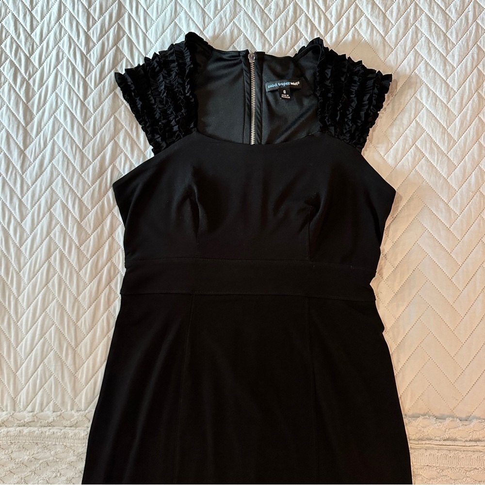 Saint Tropez West Black Ruffle Sleeve Sheath Size 8 Minimalist Quiet Luxury LBD - Picture 11 of 16